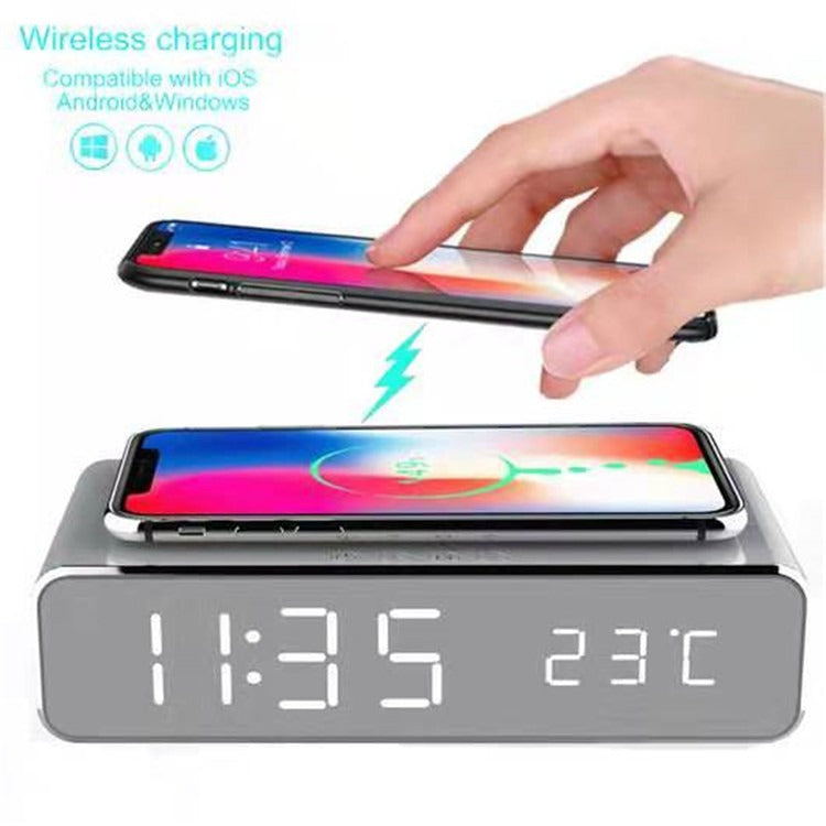 Horloge LED miroir avec thermomètre et chargeur sans fil