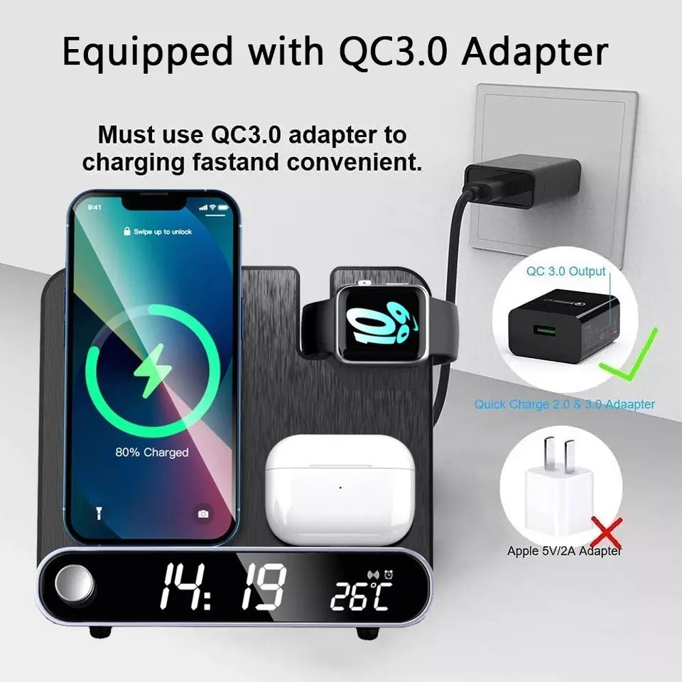 Station de charge sans fil 3 en 1 avec horloge, 15 W