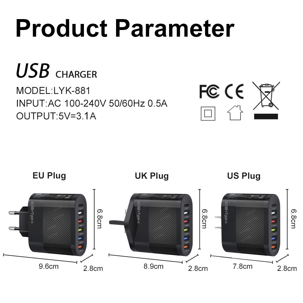 Chargeur secteur 6 ports : 5 USB et 1 USB-C