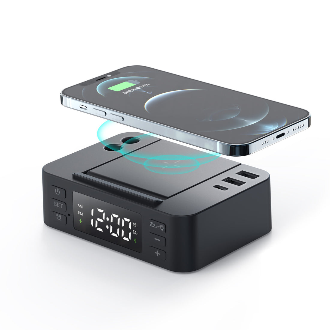 Chargeur sans fil 15 W avec horloge et pot à crayons