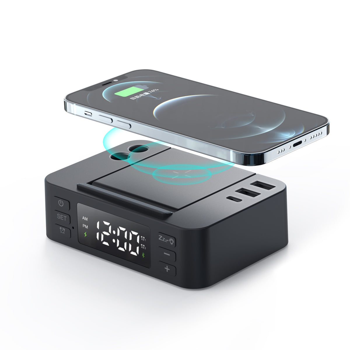 Chargeur sans fil 15 W avec horloge et pot à crayons