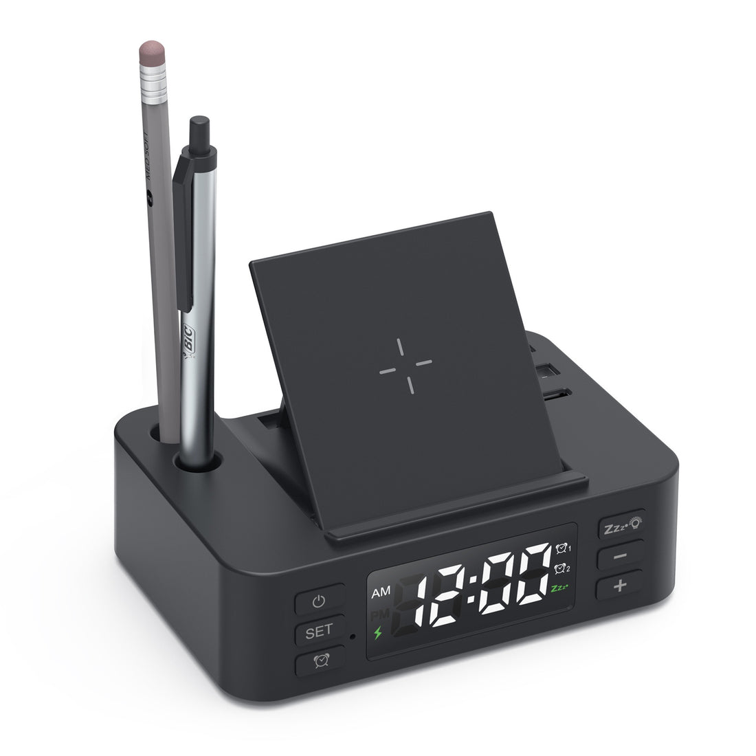 Chargeur sans fil 15 W avec horloge et pot à crayons
