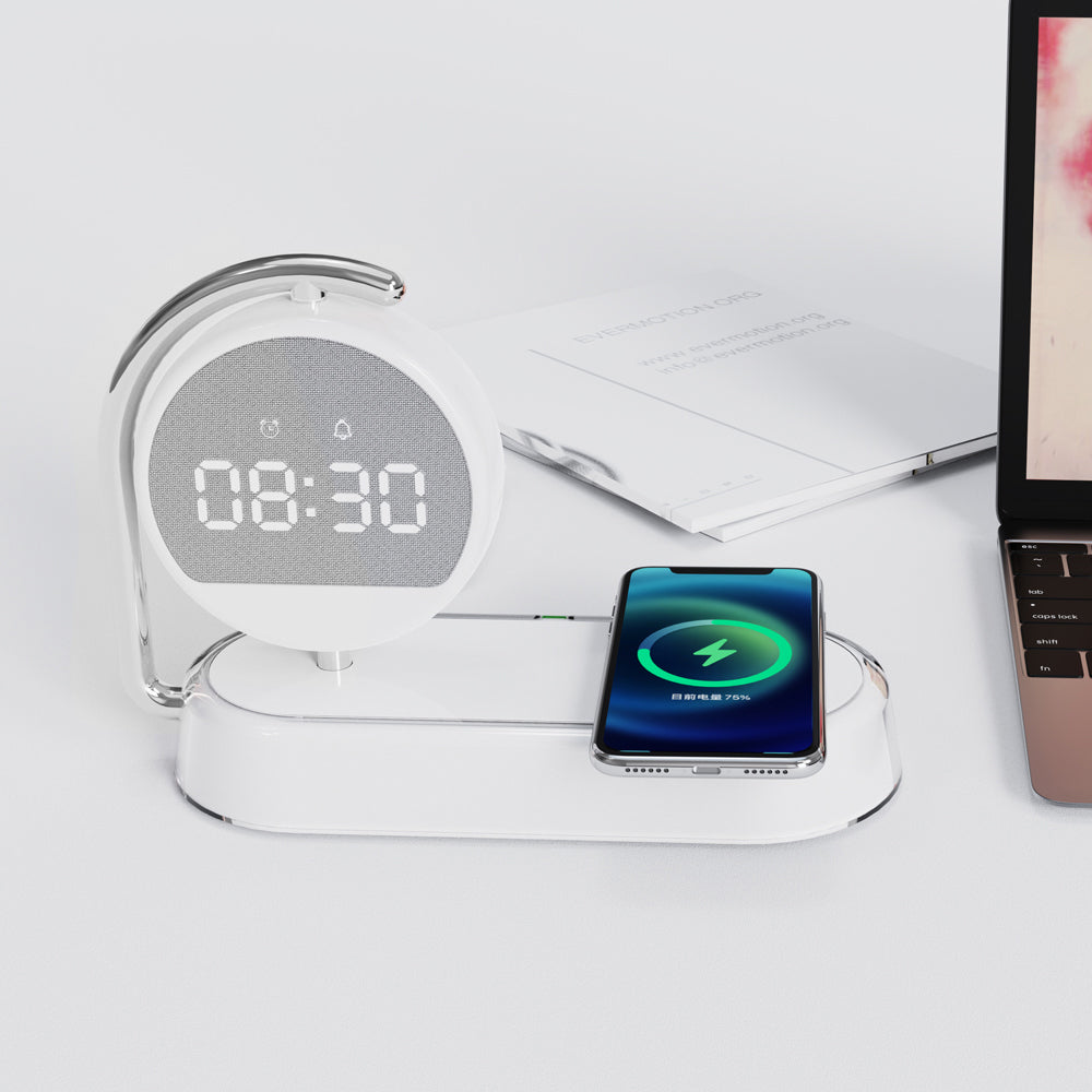 Réveil blanc avec chargeur sans fil et veilleuse 3 en 1
