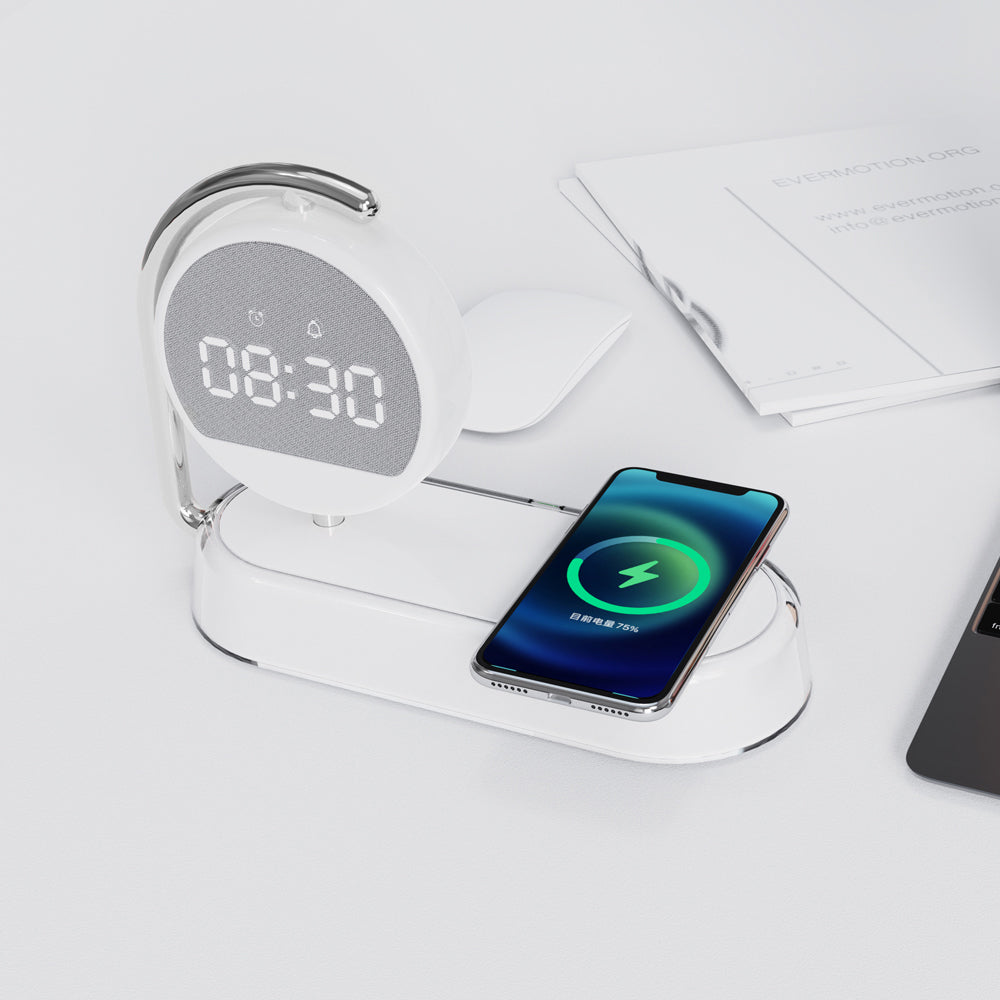 Réveil blanc avec chargeur sans fil et veilleuse 3 en 1