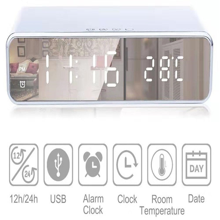 Horloge LED miroir avec thermomètre et chargeur sans fil